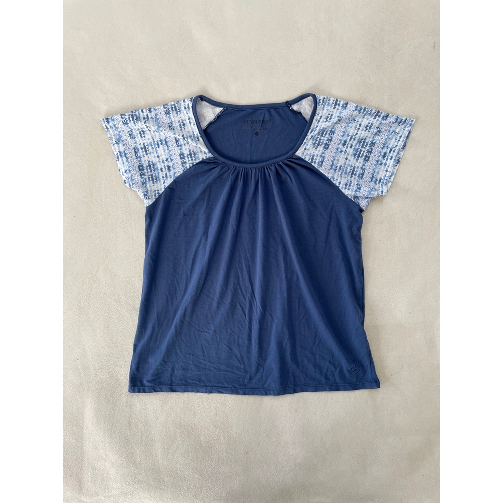 Pendleton Womens Blue Raglan Short Sleeve Top Geometric Print Size M